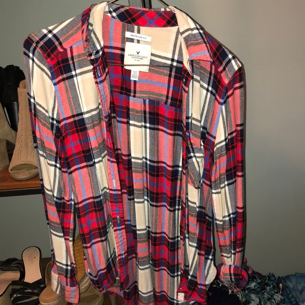 American Eagle XS Flannel Red Tan boyfriend fit